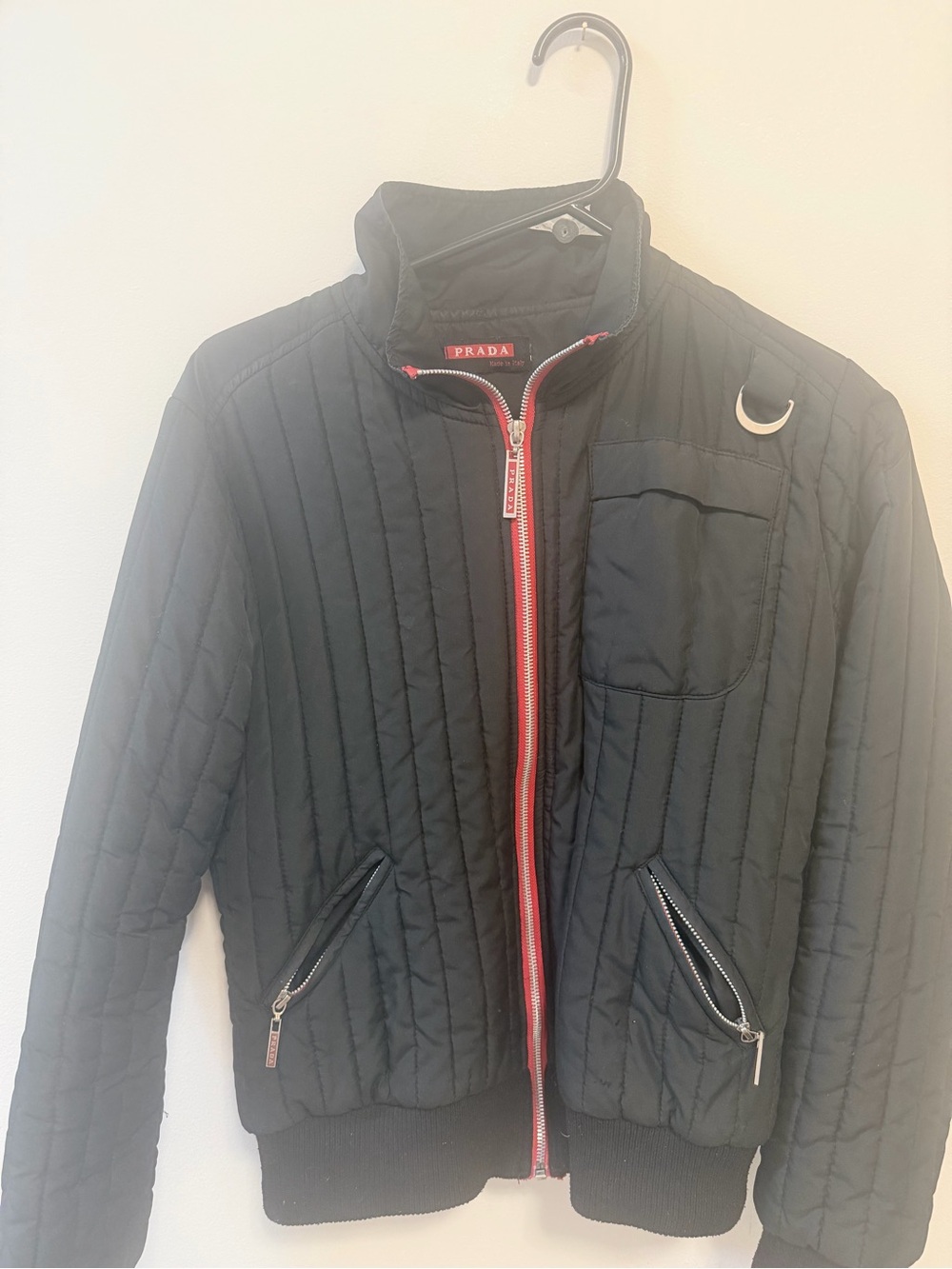 Prada Black Quilted Puffer Jacket with Red Zip Trim